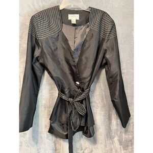 Tally Taylor Black Satin Blazer 18W Belted Rhinestone Paris Formal Chic Peplum